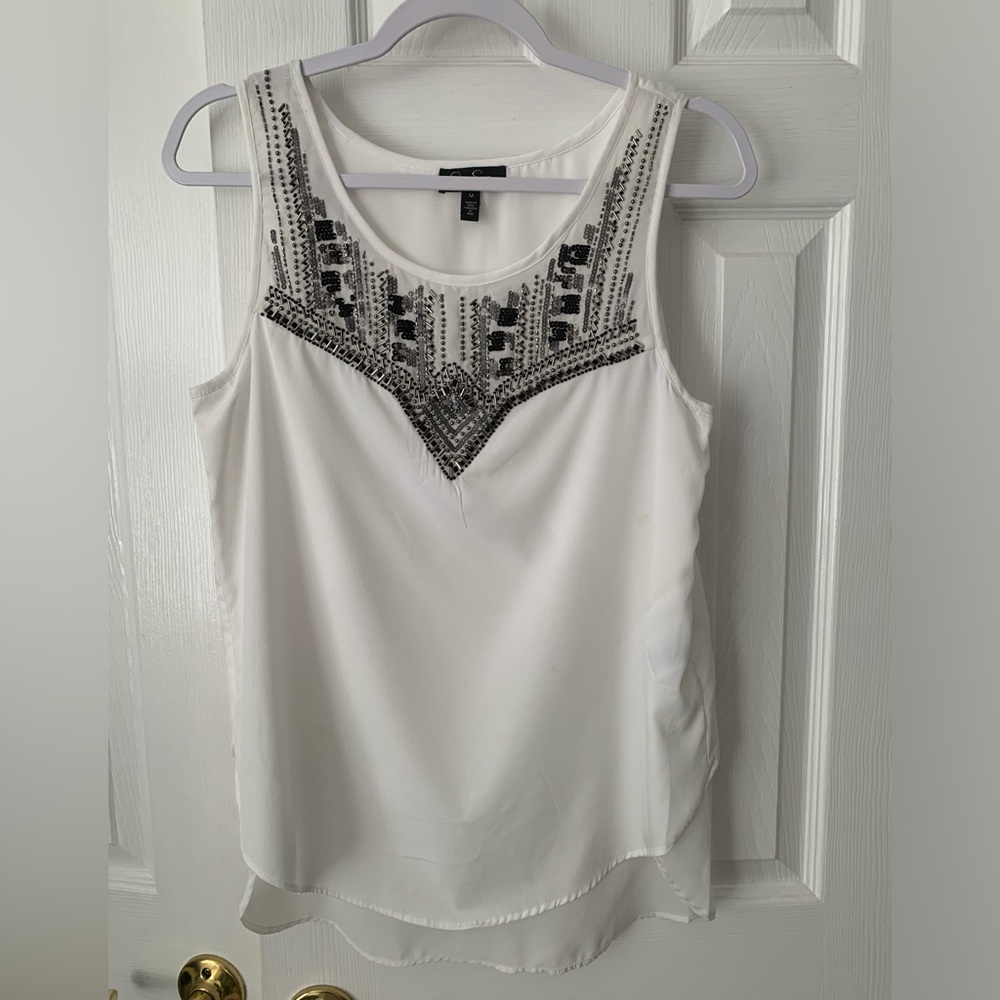 Jessica Simpson Tank Top Women’s M White Silver Blouse Sequin Beaded Sleeveless - Picture 2 of 16